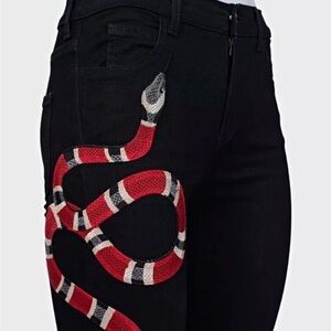 Gucci Black Jeans with Iconic  Red and White Snake Design embroidered